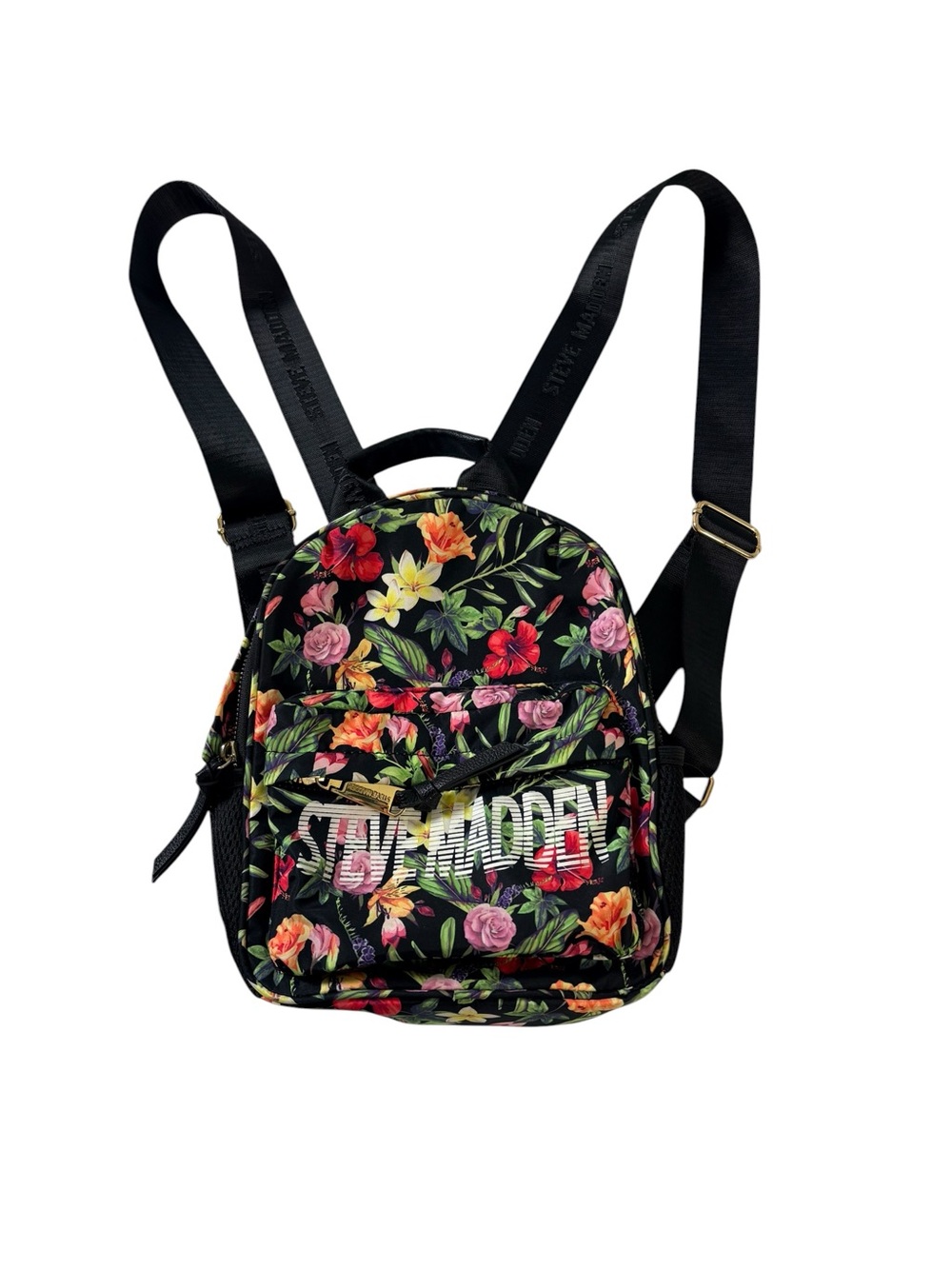 Steve Madden Floral Mini Backpack Black Multicolor Tropical Print Nylon Bag
